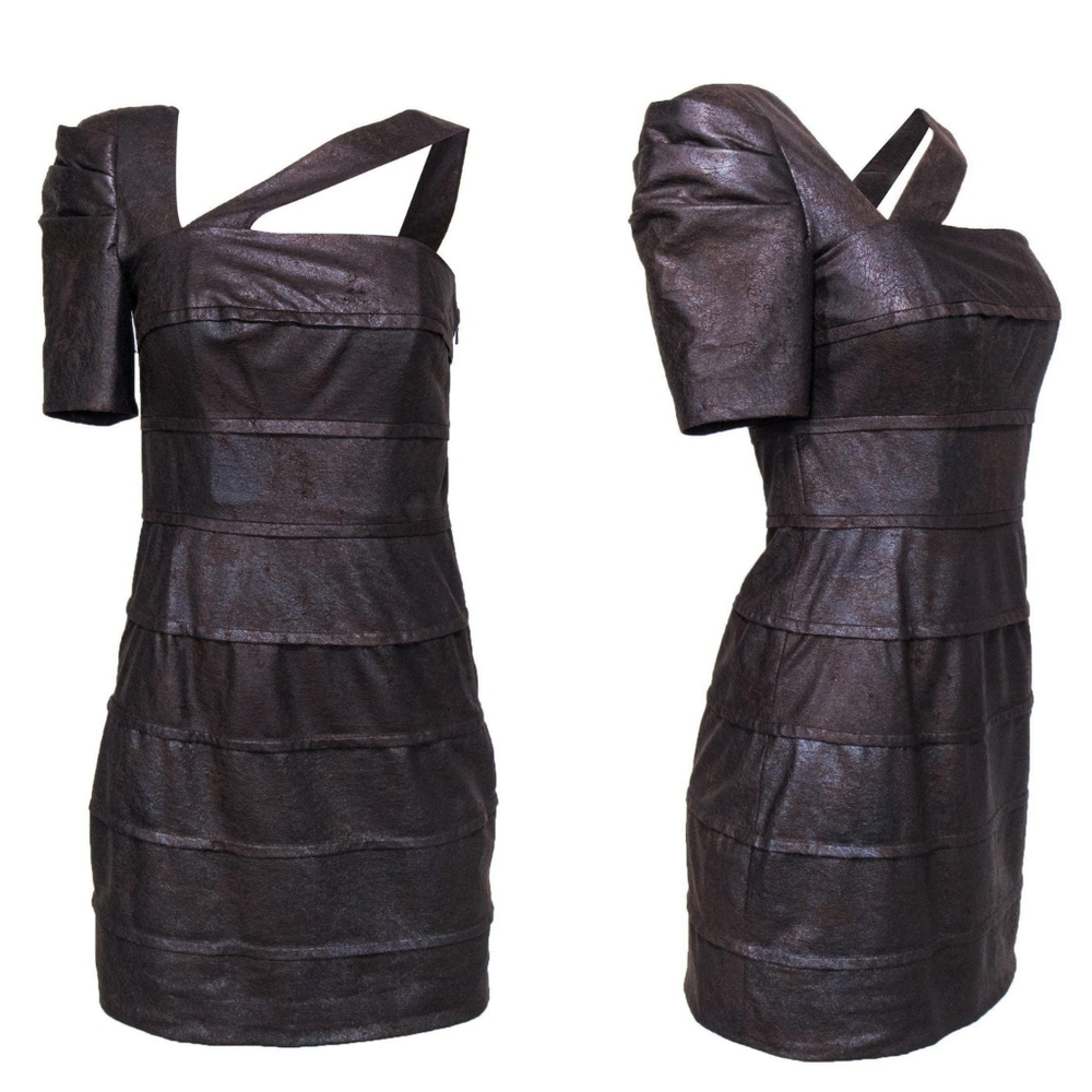 Chocolate Asymmetrical Leather Bodycon Cocktail Party Dress XS - Black Halo